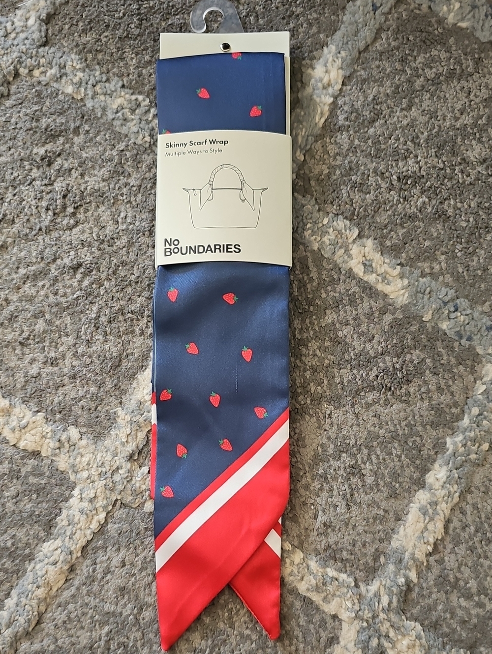 No Boundaries Navy Skinny Scarf with Red Strawberry Motif Bag Wrap Twilly